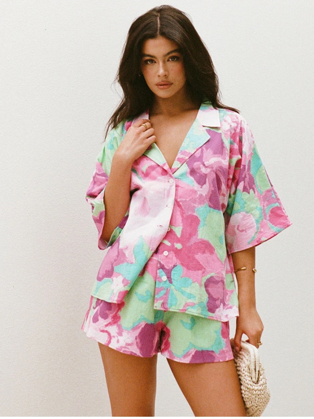 Pink & Mint Floral Short Pajama Set - Women